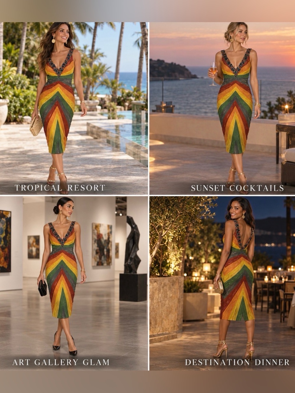 Mandalay Privee Rainbow Stone Beaded Pleated Silk Bold Resortwear Dress Women 4‎